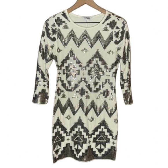 Women's S Express Geometric Sequin Aztec Dress Long Sleeve  Sheath Mini - Picture 1 of 7